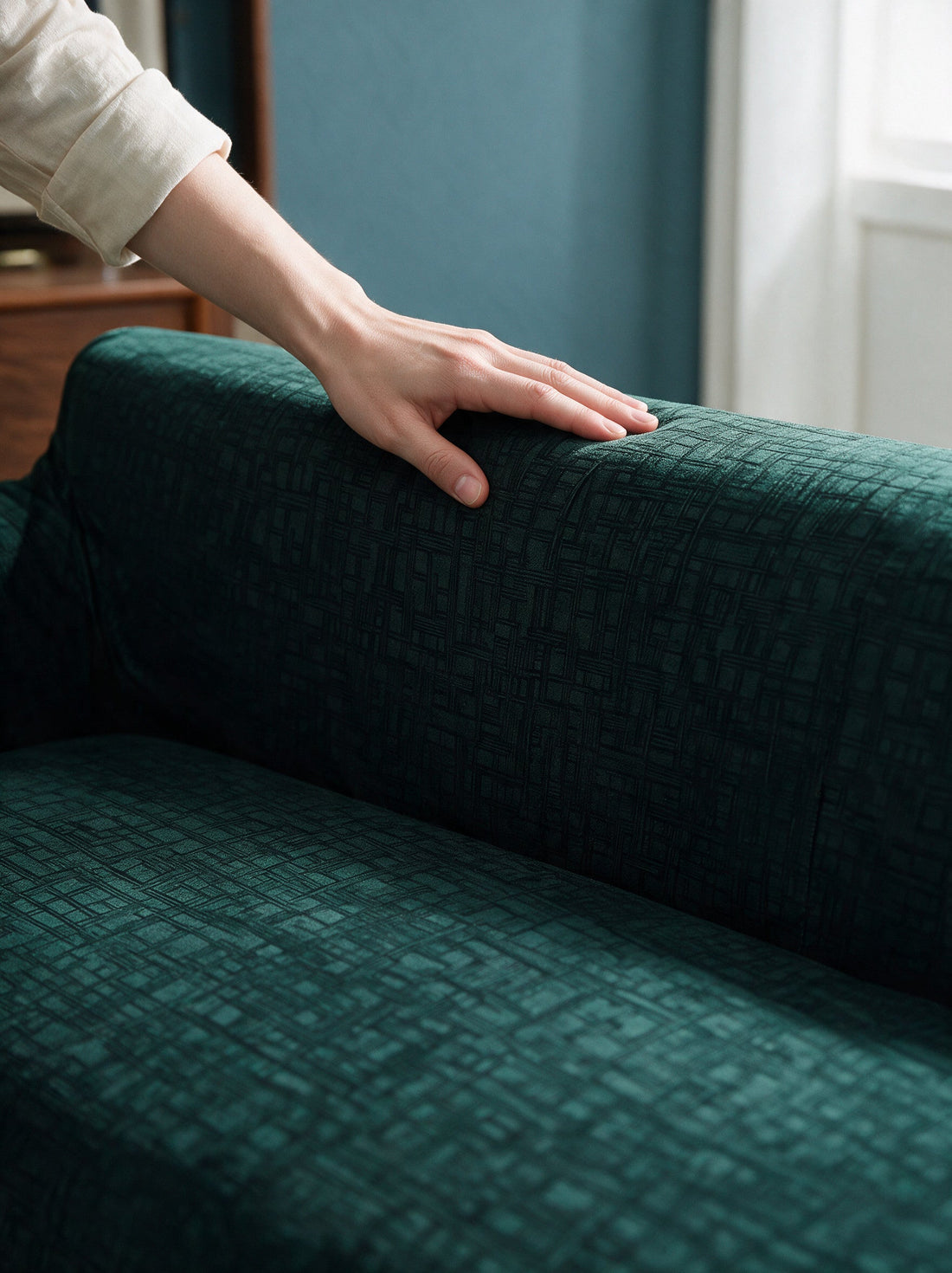 Close-up of the Linear Geometric - Forest Green cover around a sofa arm