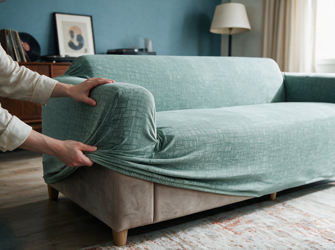 The Linear Geometric - Pastel Green cover being adjusted around the sofa edge