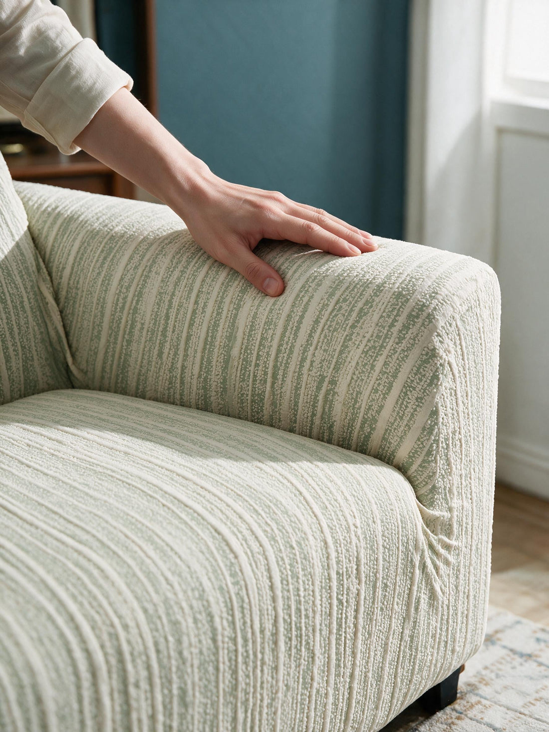 Close-up of the Rivelle - Green cover around a sofa arm