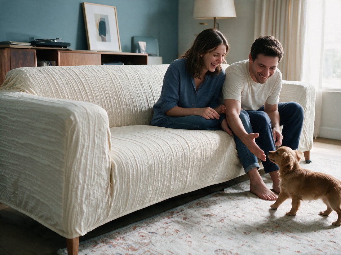 A sofa dressed in the Rivelle - Cream White cover in a relaxed living room