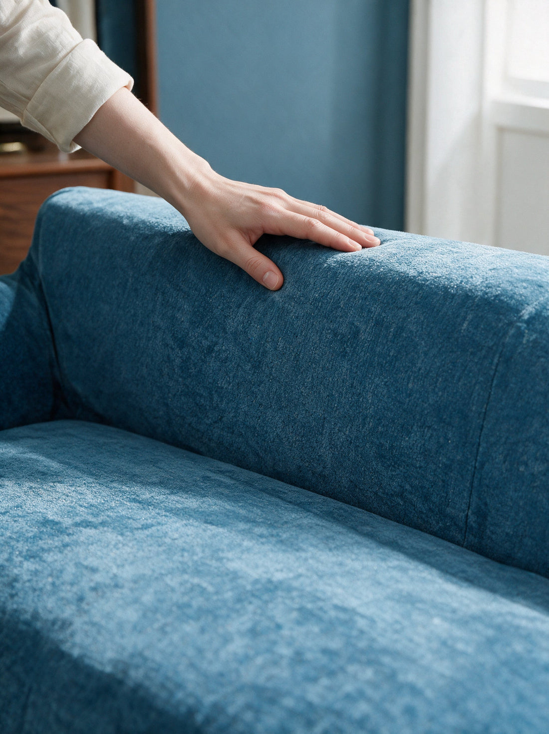 Close-up of the Luma - Serene Blue cover around a sofa arm