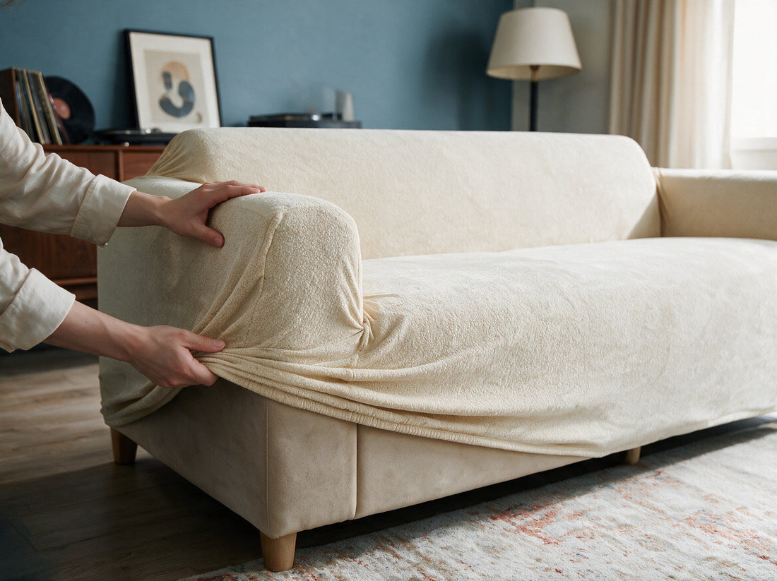 The Luma - Beige cover being adjusted around the sofa edge