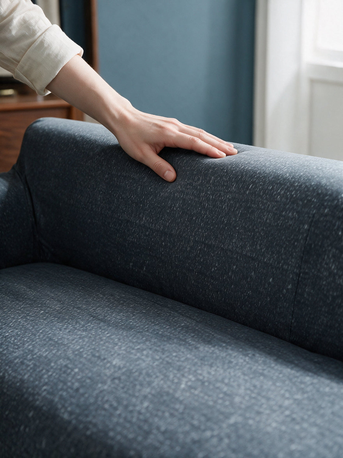 Close-up of the Flecked - Anthracite Grey cover around a sofa arm