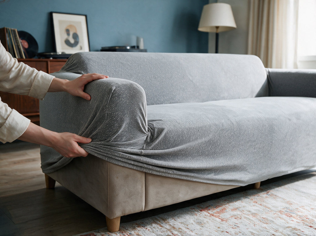 The Flecked - Light Grey cover being adjusted around the sofa edge