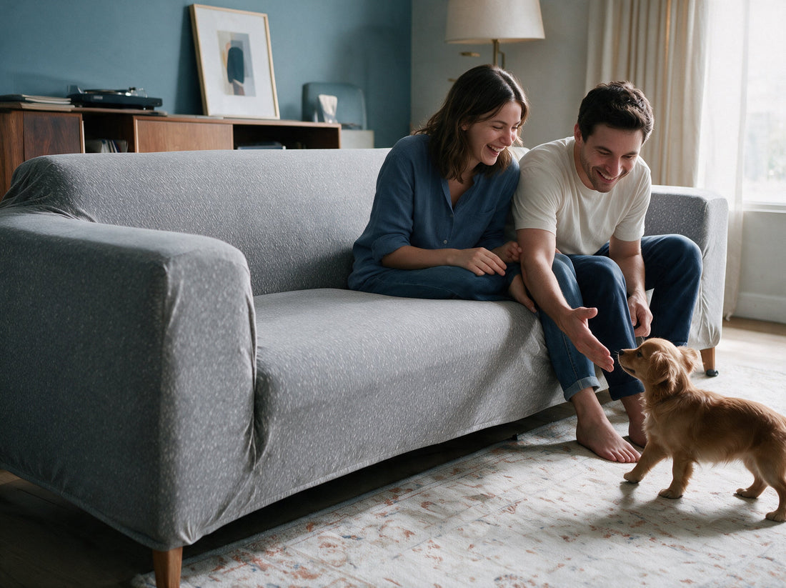 A sofa dressed in the Flecked - Light Grey cover in a relaxed living room