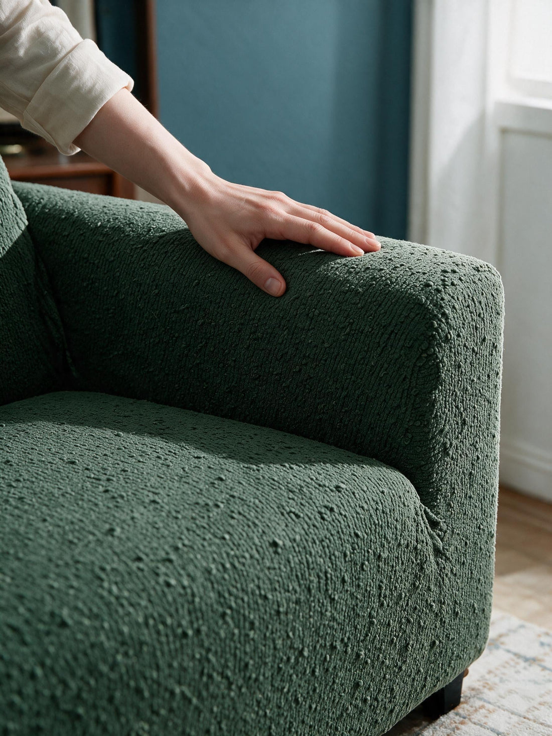 Close-up of the Veloura - Green cover around a sofa arm