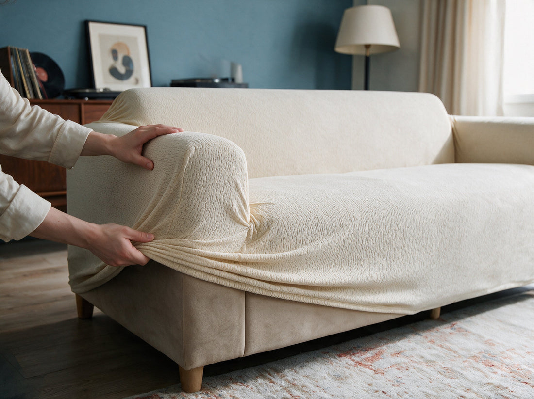 The Veloura - Beige cover being adjusted around the sofa edge