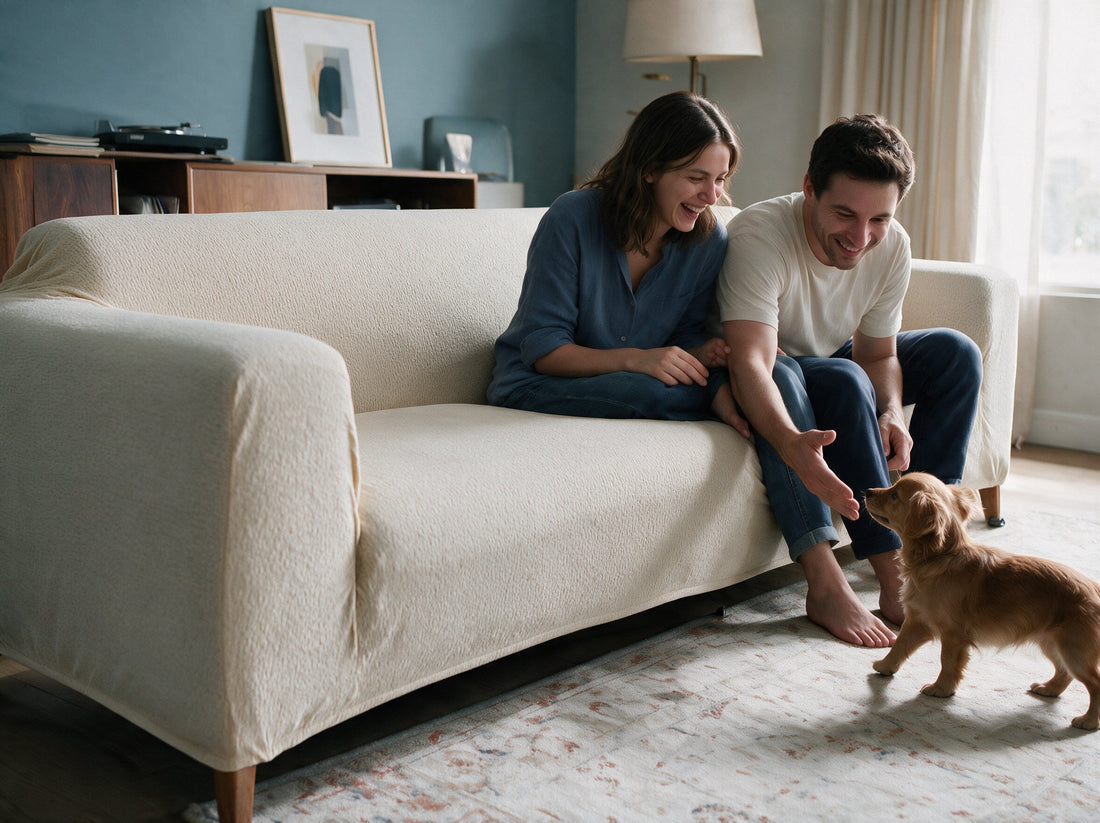 A sofa dressed in the Veloura - Beige cover in a relaxed living room