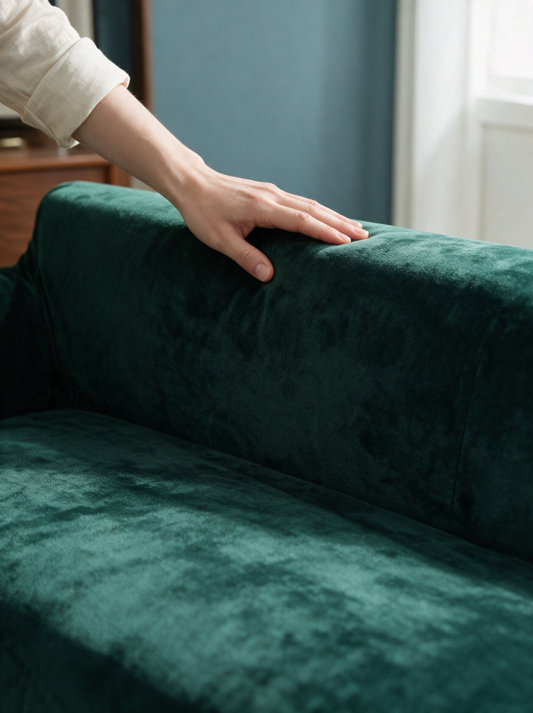 A relaxed hand strokes the dark green velvet cover around the sofa arm