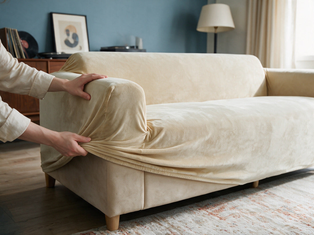 Hands lifting a Beige Velvet couch cover to show its removable fitted edge