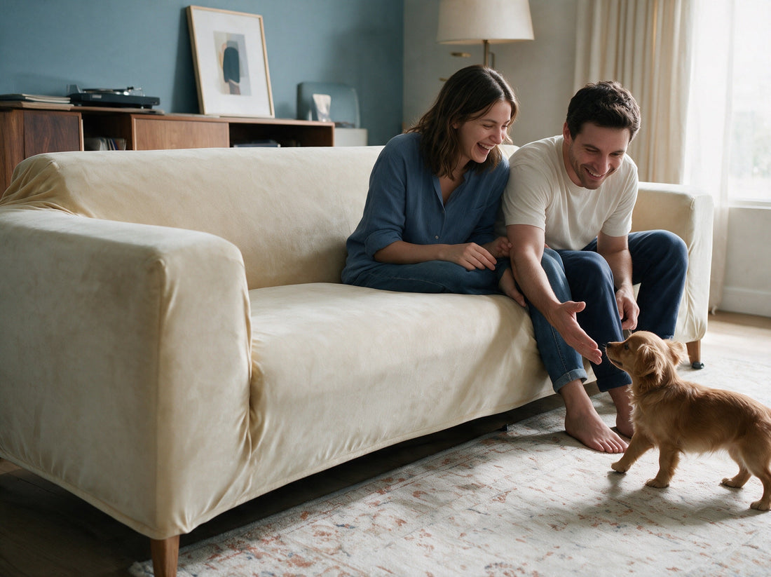 A smiling couple playing with their dog beside a Beige Velvet-covered sofa