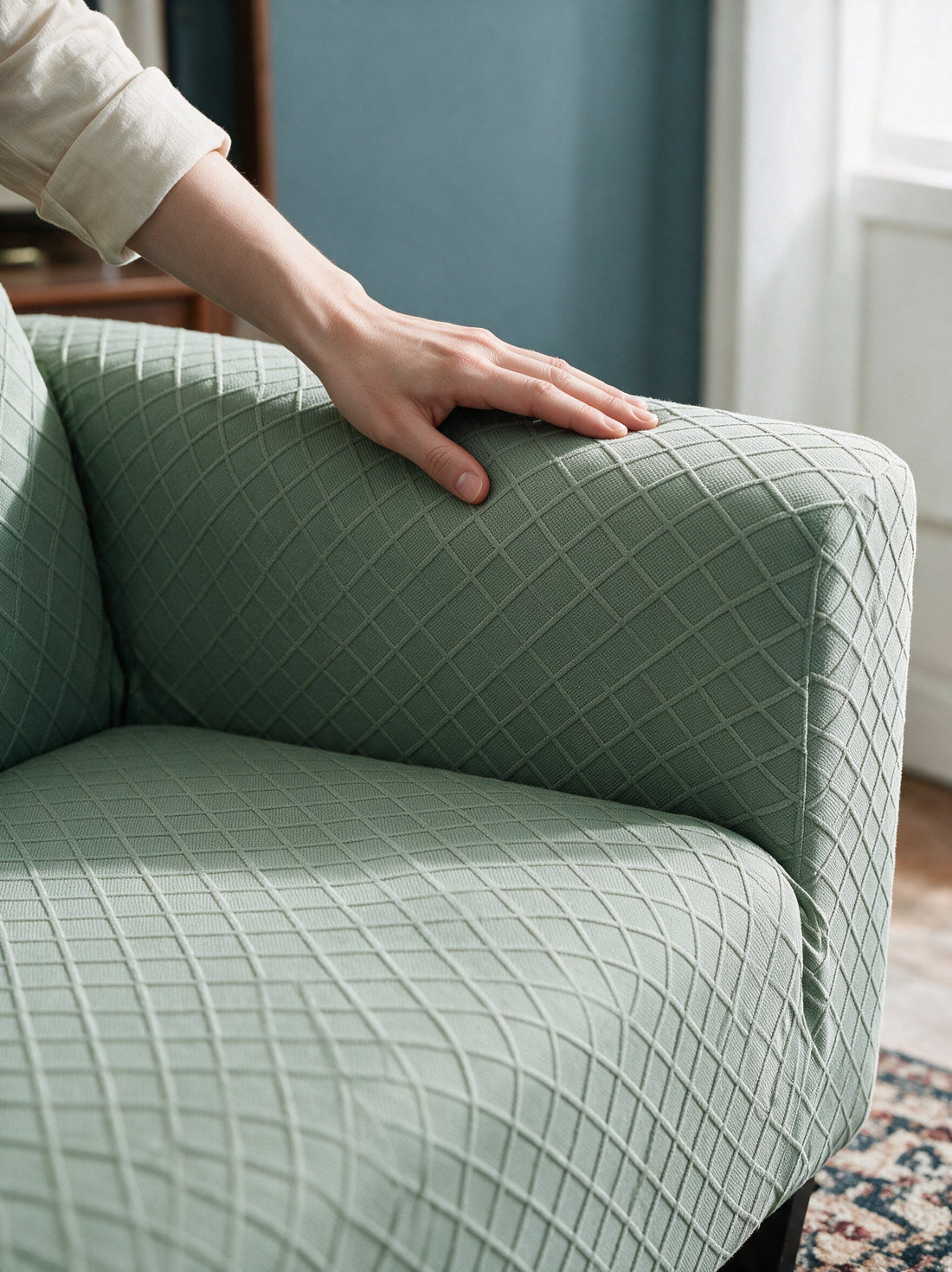 Close-up of the Diamond Jacquard - Pale Green cover around a sofa arm