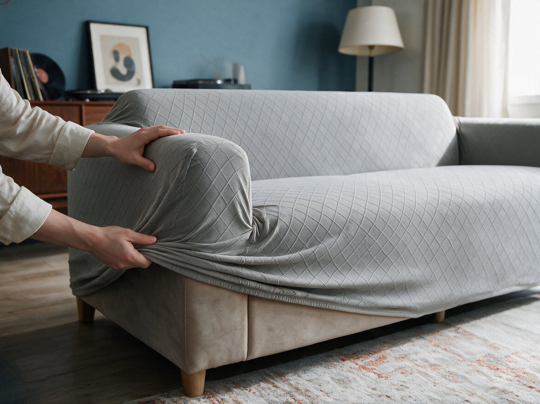 The Diamond Jacquard - Light Concrete Grey cover being adjusted around the sofa edge