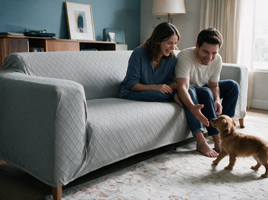 A sofa dressed in the Diamond Jacquard - Light Concrete Grey cover in a relaxed living room