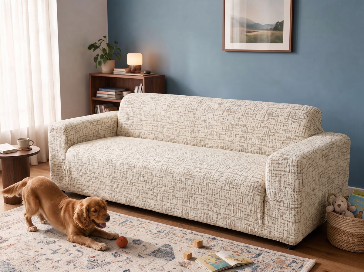 Gridelle in Coffee Brown removable couch cover in the after-comparison scene, with a playful golden dog.