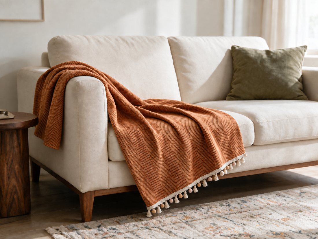 Herpome Terracotta Orange throw draped over a sofa arm, with small pom-poms and short tassels along one front edge.