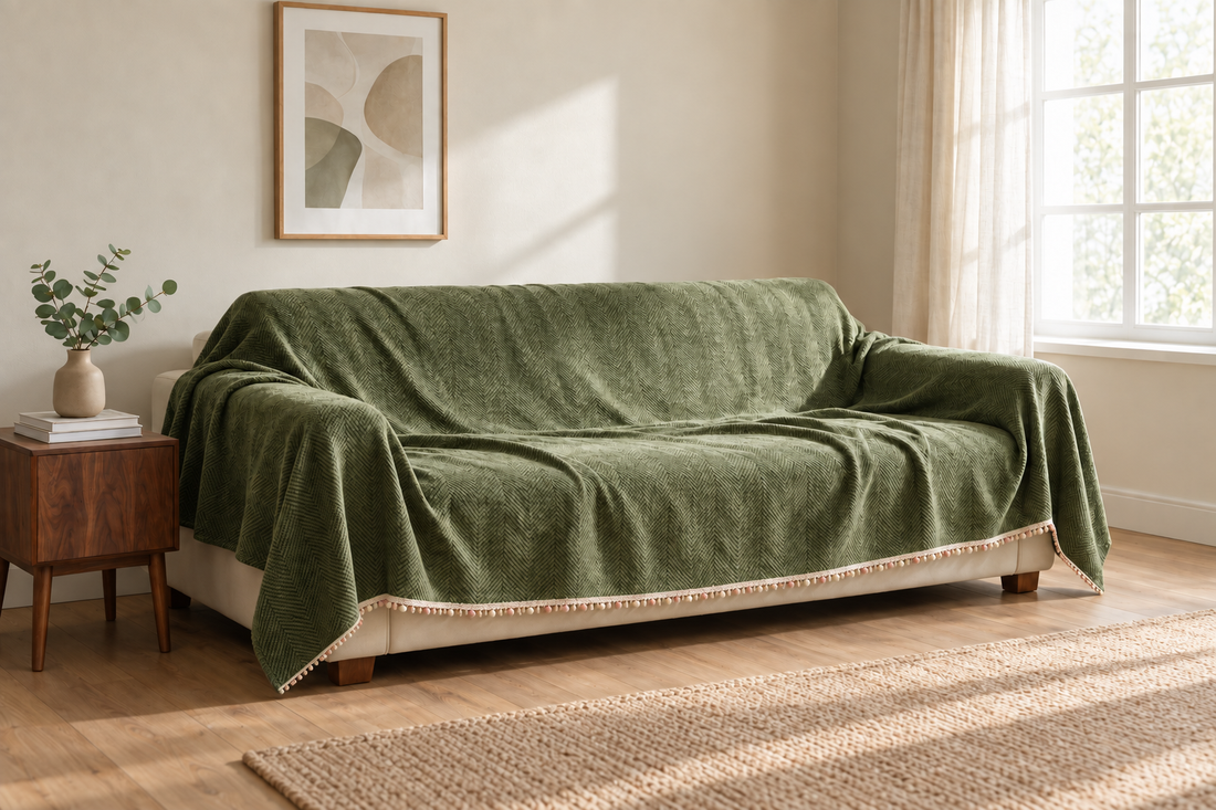 Herpome Olive Green throw covering a sofa, with small pom-poms and short fringe along the front hem and plain side edges.