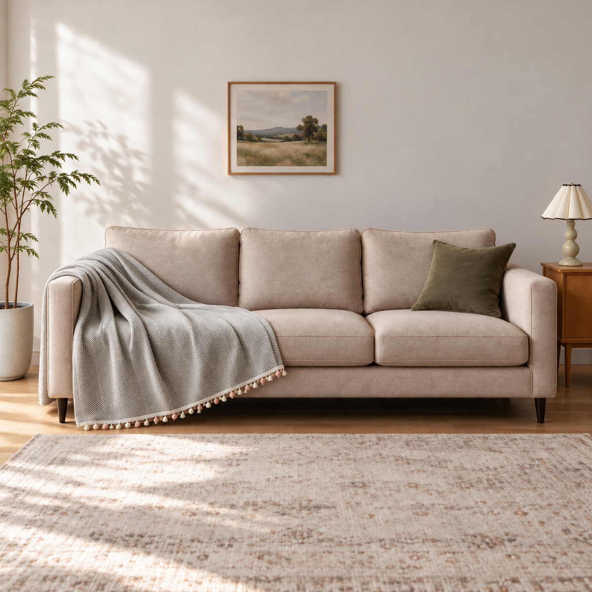 Accent Throw: illustrative throw styling on the same three-seat sofa