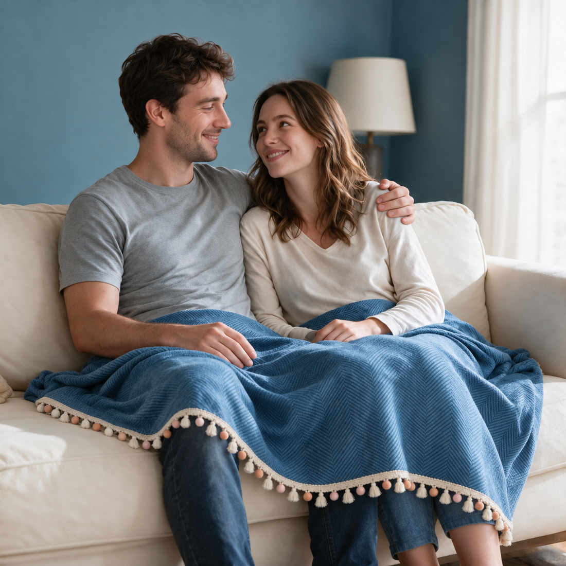 A couple sharing a Herpome Denim Blue throw across their laps, with its small pom-pom and tassel trim.
