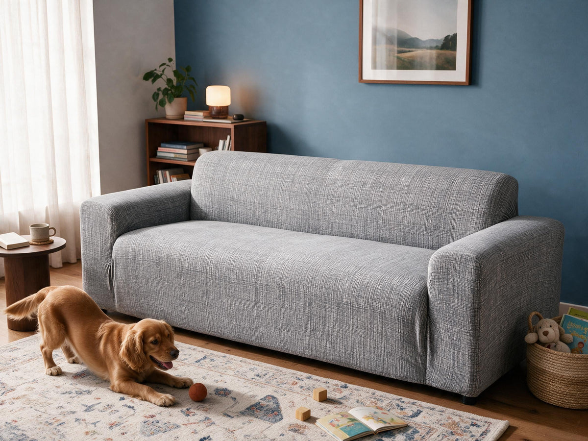 Original Jacquard in Grey removable couch cover in the after-comparison scene, with a playful golden dog.