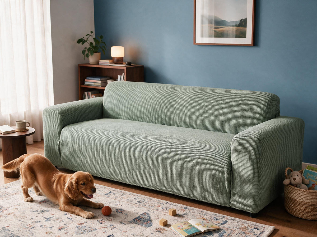 Jacquard in Light Green removable couch cover in the after-comparison scene, with a playful golden dog.