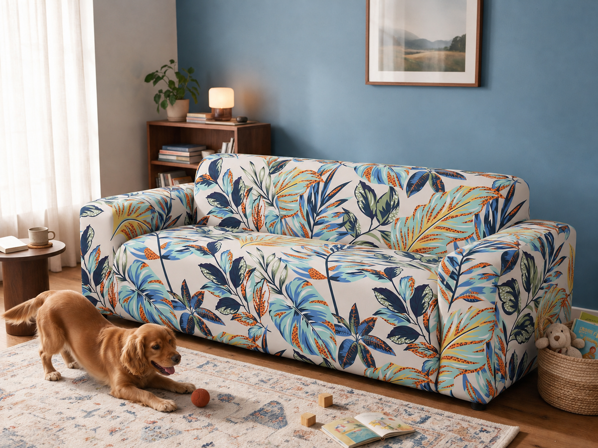Olaves from the Printed Stretch collection removable couch cover in the after-comparison scene, with the same sofa, blue-walled family room and playful golden dog.