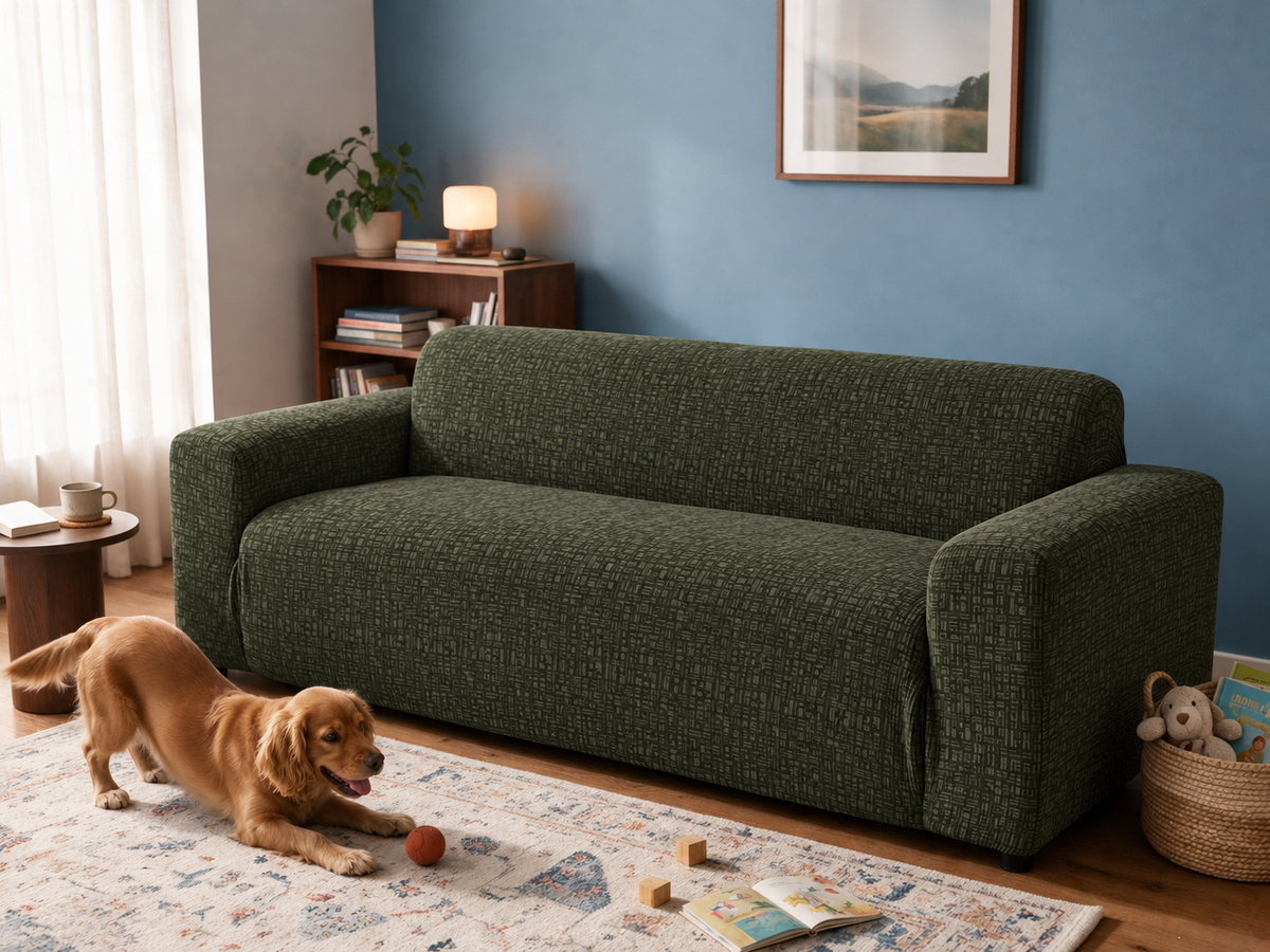 Linear Geometric in Olive Green removable couch cover in the after-comparison scene, with the same sofa, blue-walled family room and playful golden dog.