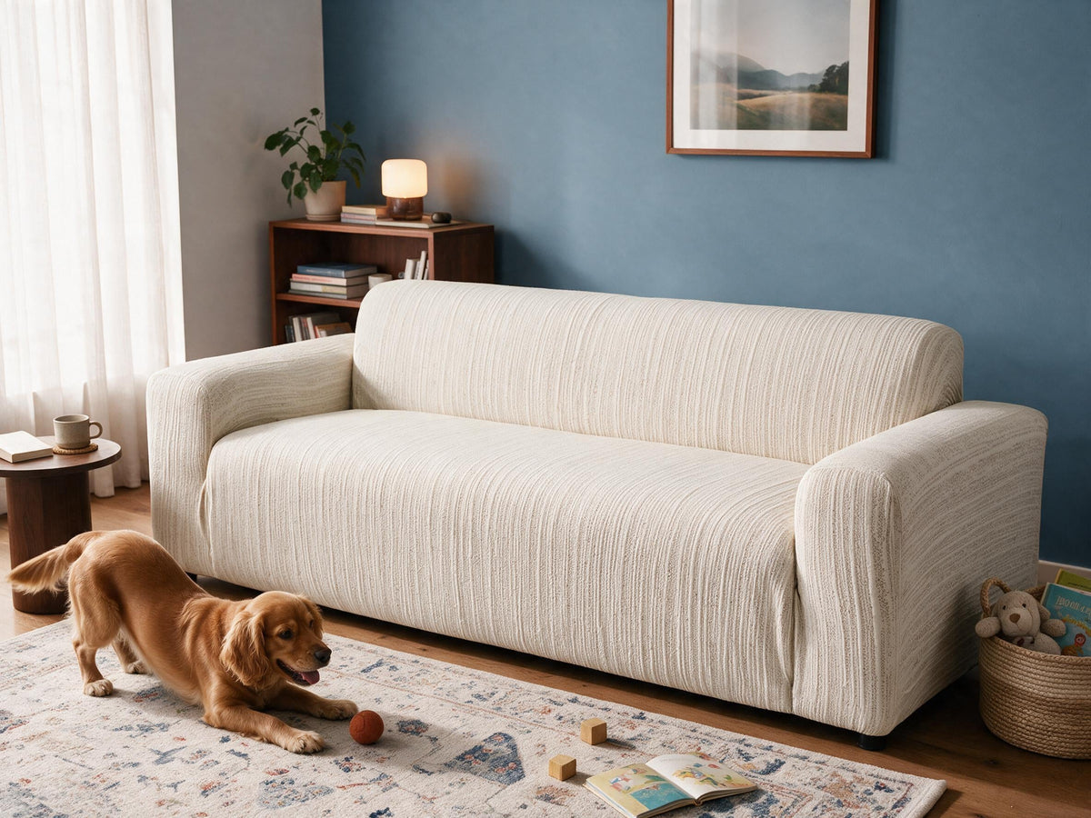 Rivelle in Cream White removable couch cover in the after-comparison scene, with a playful golden dog.