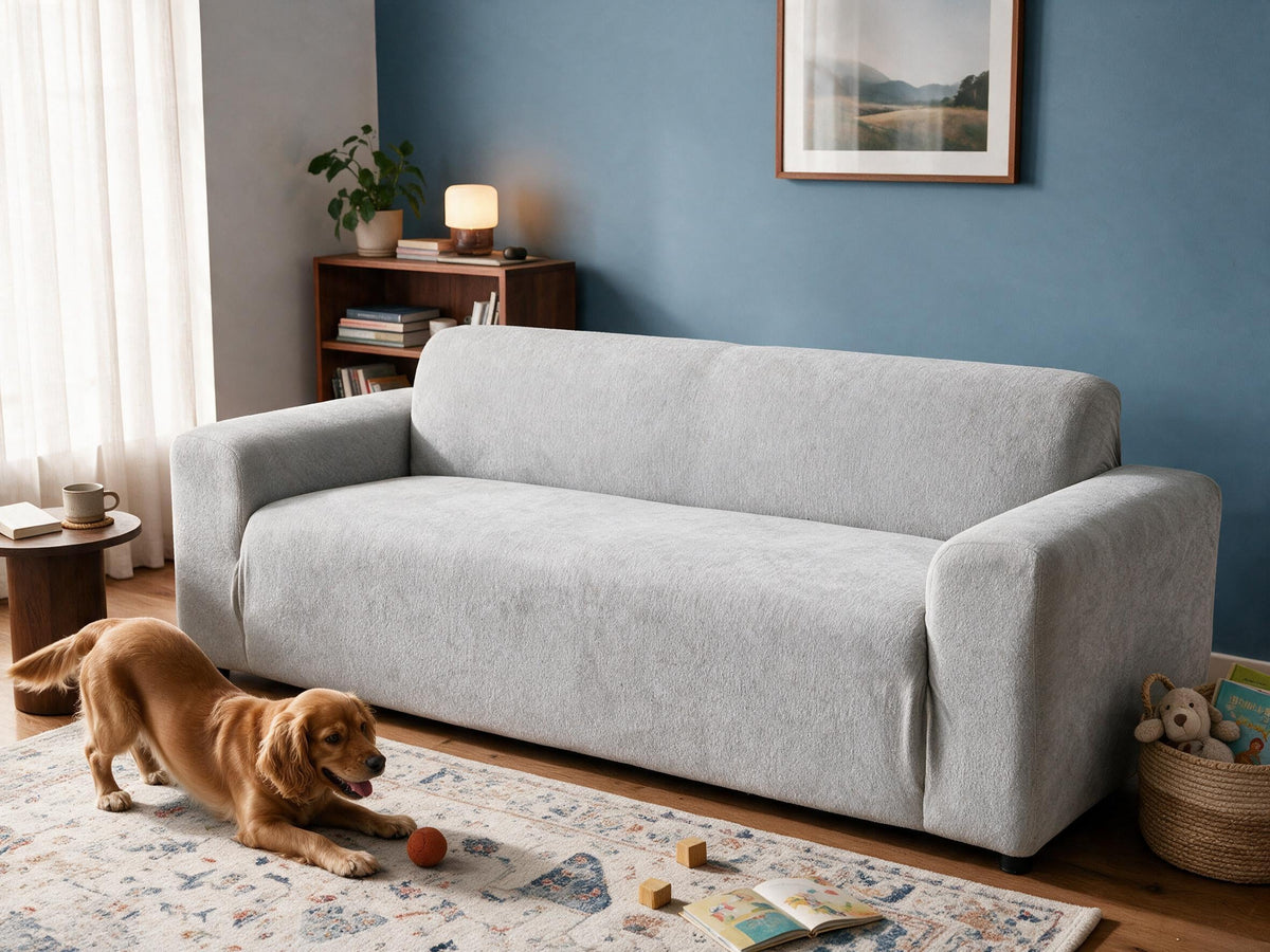 Luma in Light Grey removable couch cover in the after-comparison scene, with a playful golden dog.
