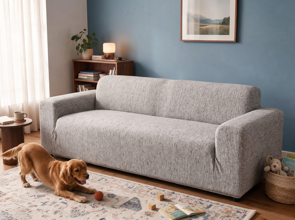 Flecked in Light Grey removable couch cover in the after-comparison scene, with a playful golden dog.
