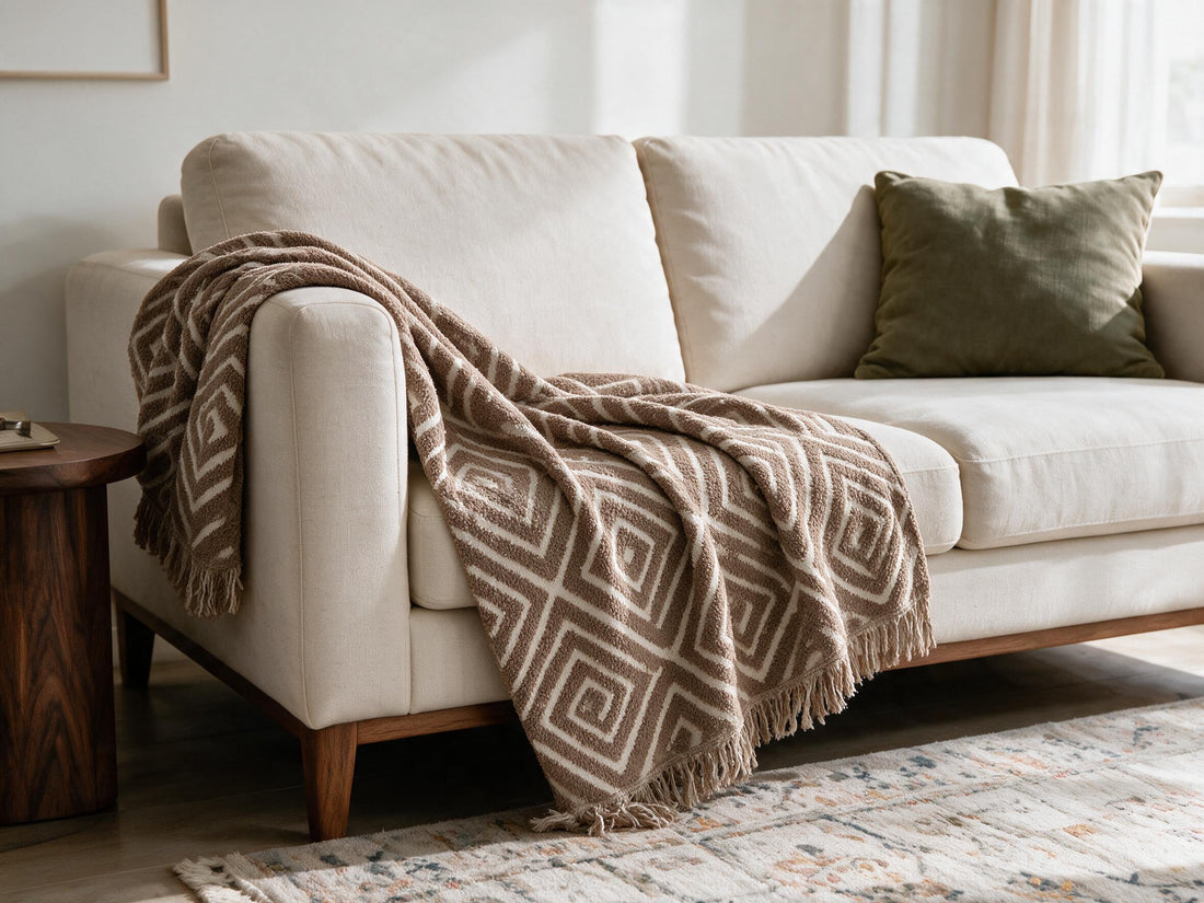 Atlas Geo Milk Tea throw: decorative sofa-arm drape.