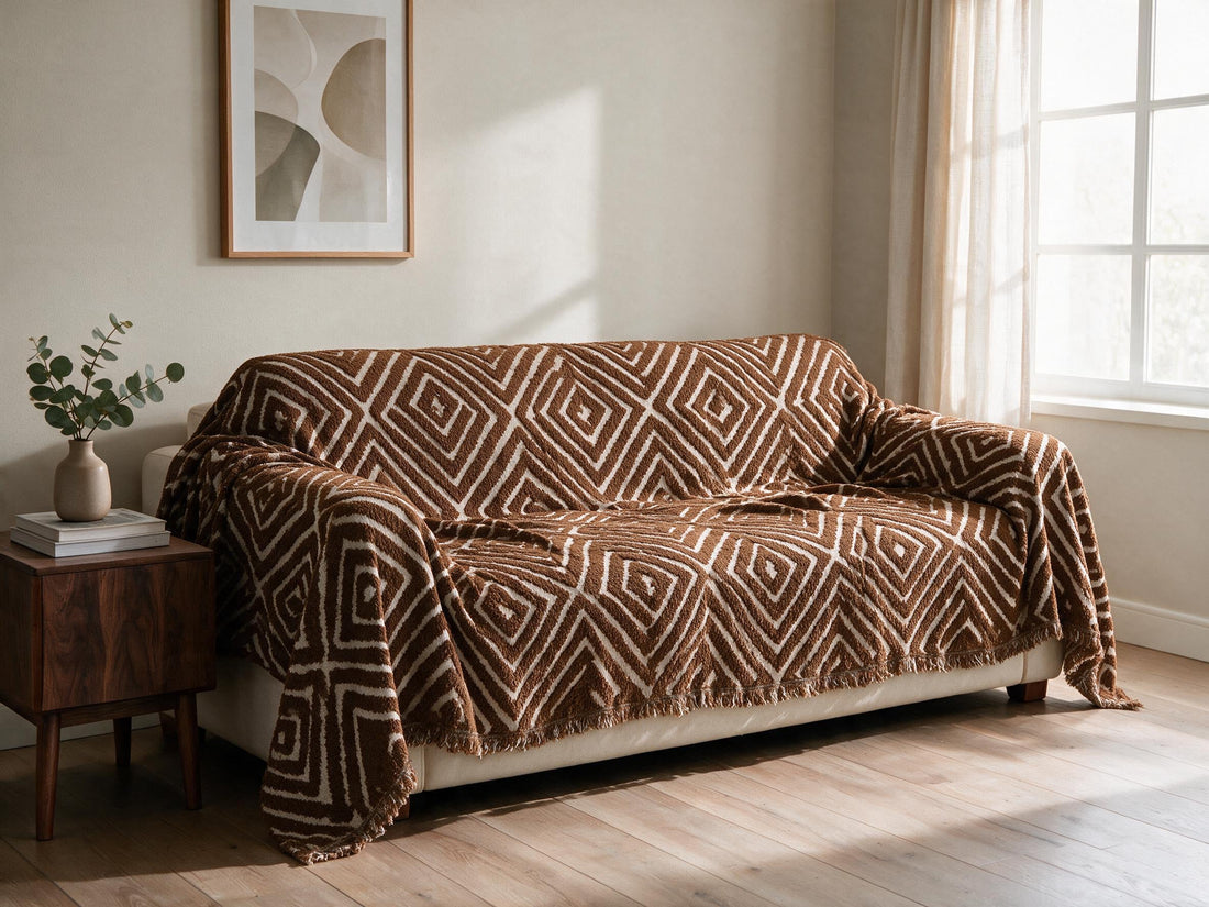 Atlas Geo Cocoa Brown throw: draped across a sofa.