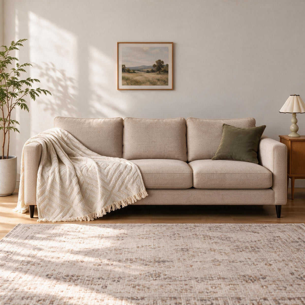 Accent Throw: illustrative throw styling on the same three-seat sofa