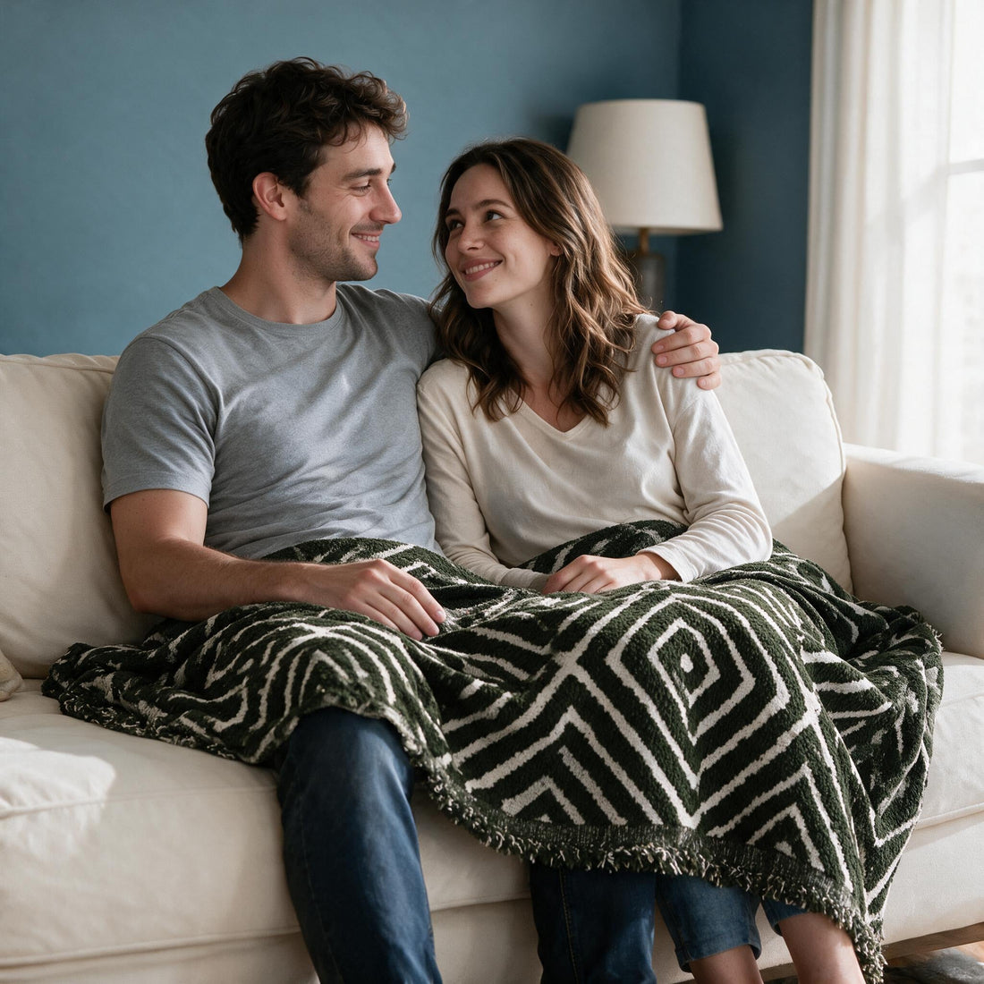 Atlas Geo Dark Green throw: shared over a couple’s laps and legs.