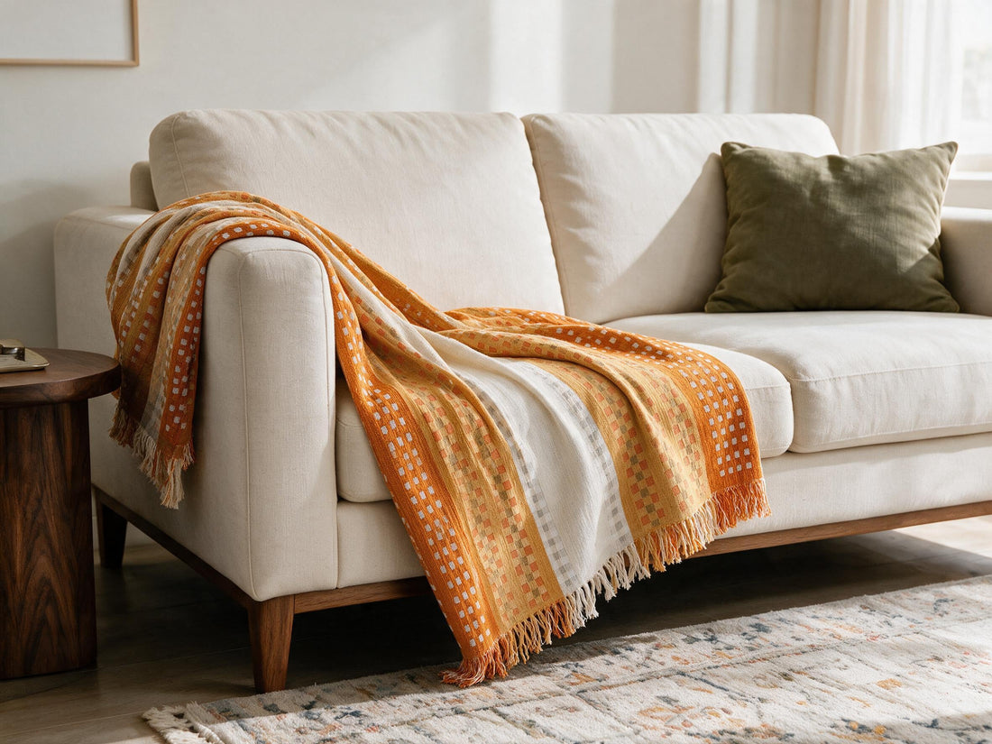 Casella Orange throw: decorative sofa-arm drape.