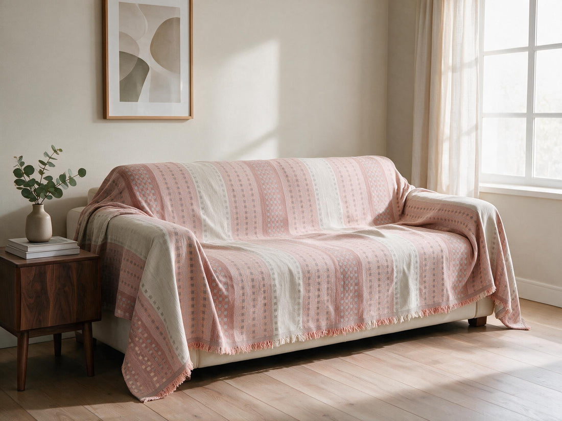 Casella Pink throw: draped across a sofa.
