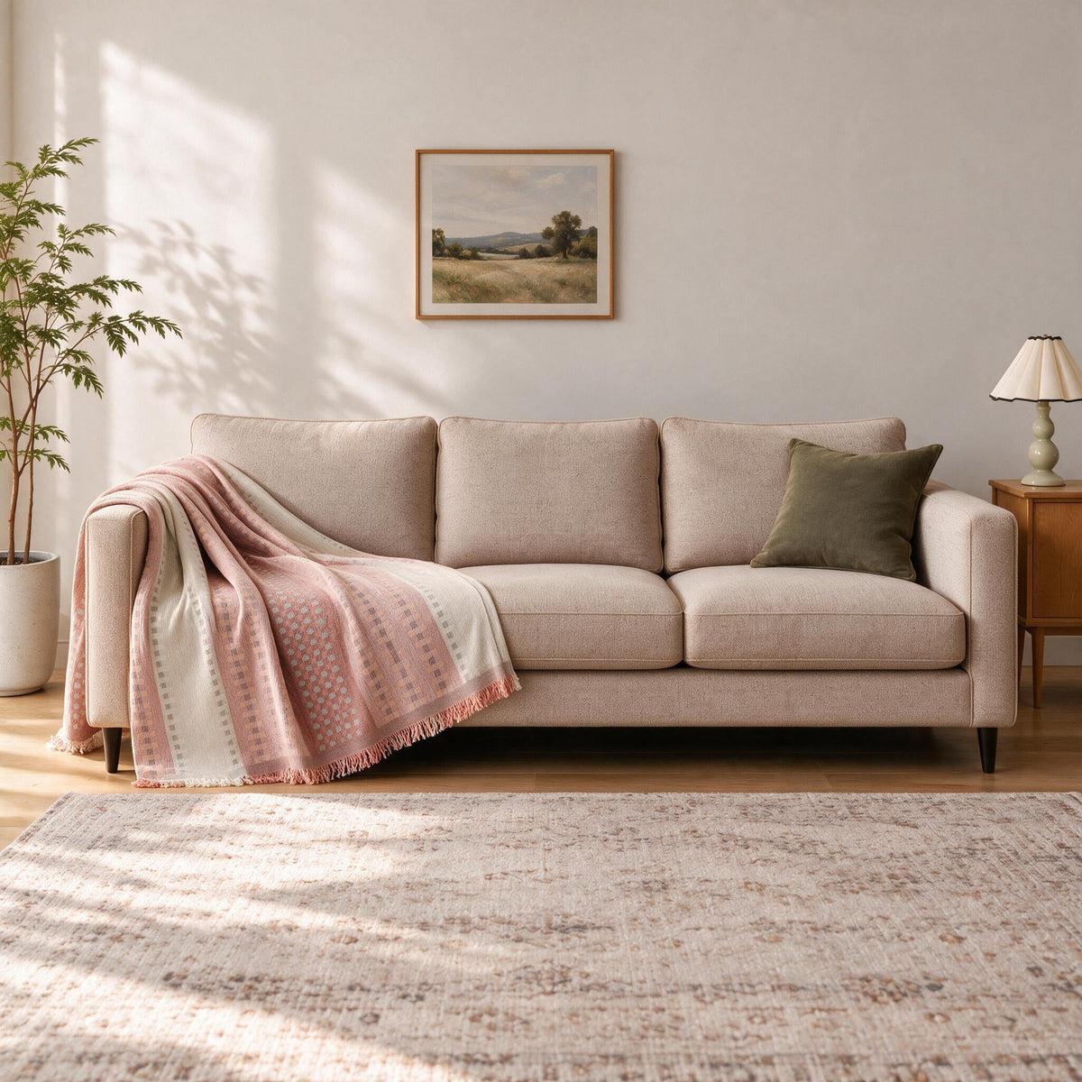 Accent Throw: illustrative throw styling on the same three-seat sofa