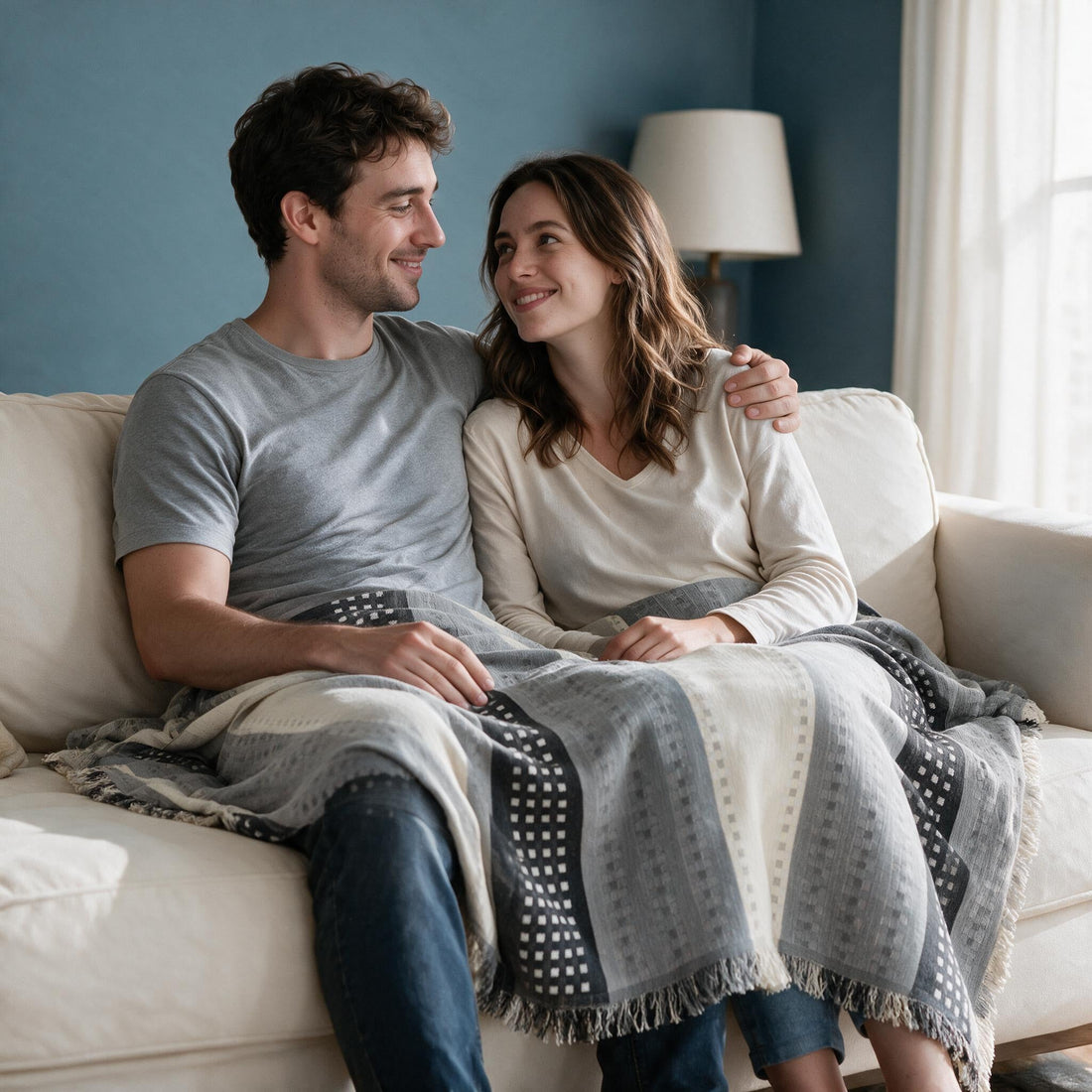 Casella Grey throw: shared over a couple’s laps and legs.