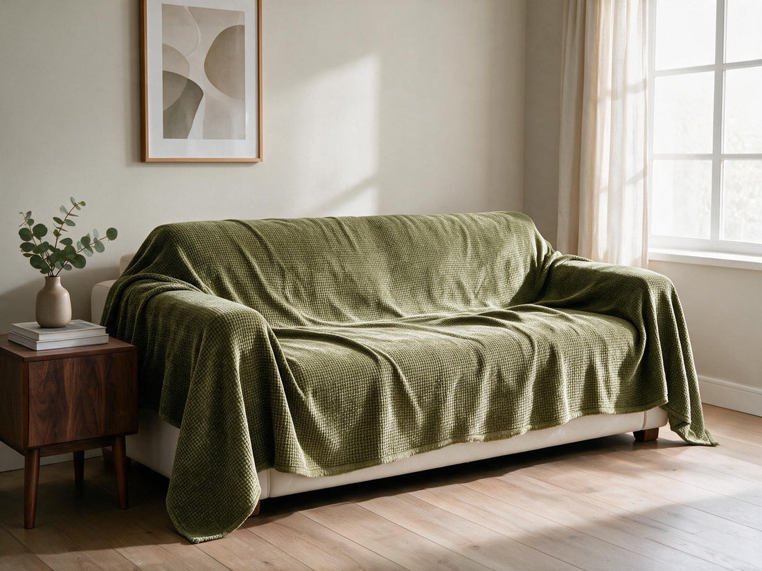 Coveri Green Tea throw: draped across a sofa.