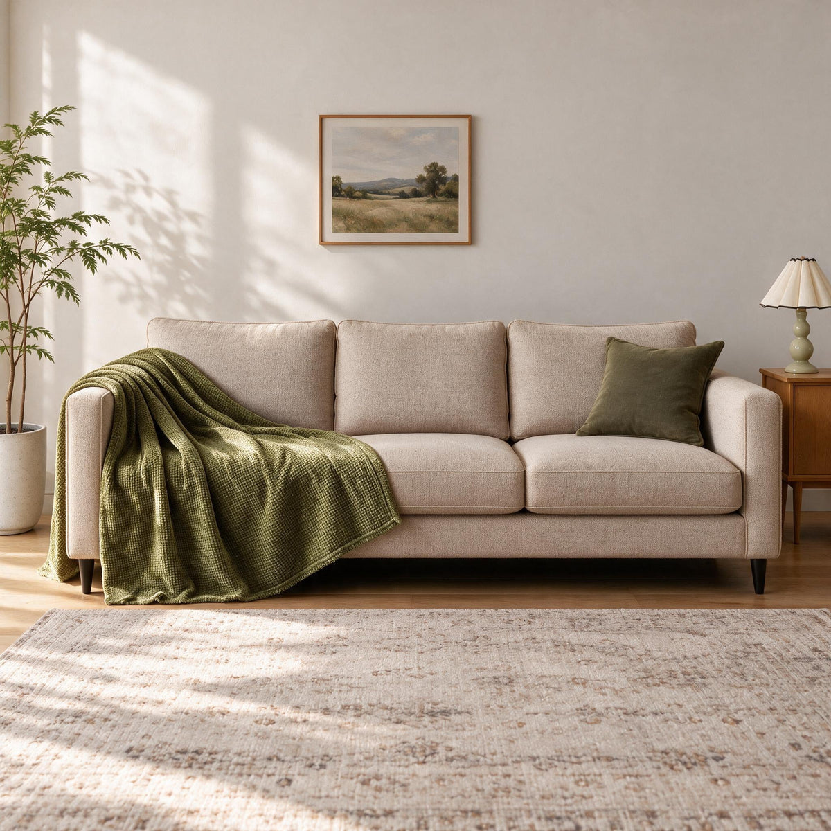 Accent Throw: illustrative throw styling on the same three-seat sofa
