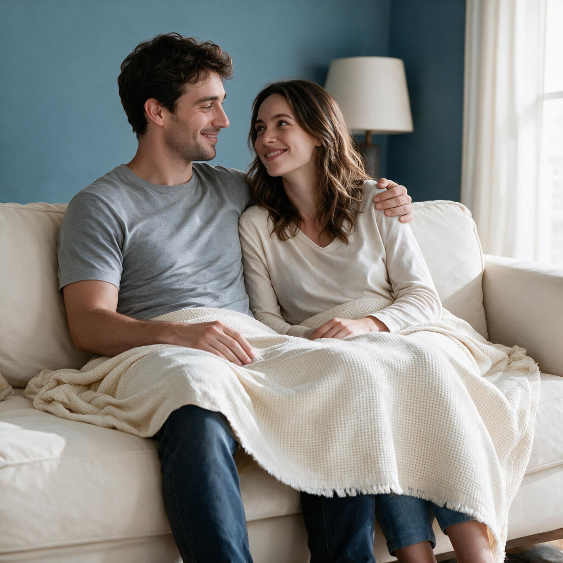 Coveri Beige throw: shared over a couple’s laps and legs.