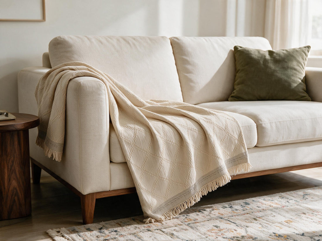 Diamora Cream White throw: decorative sofa-arm drape.