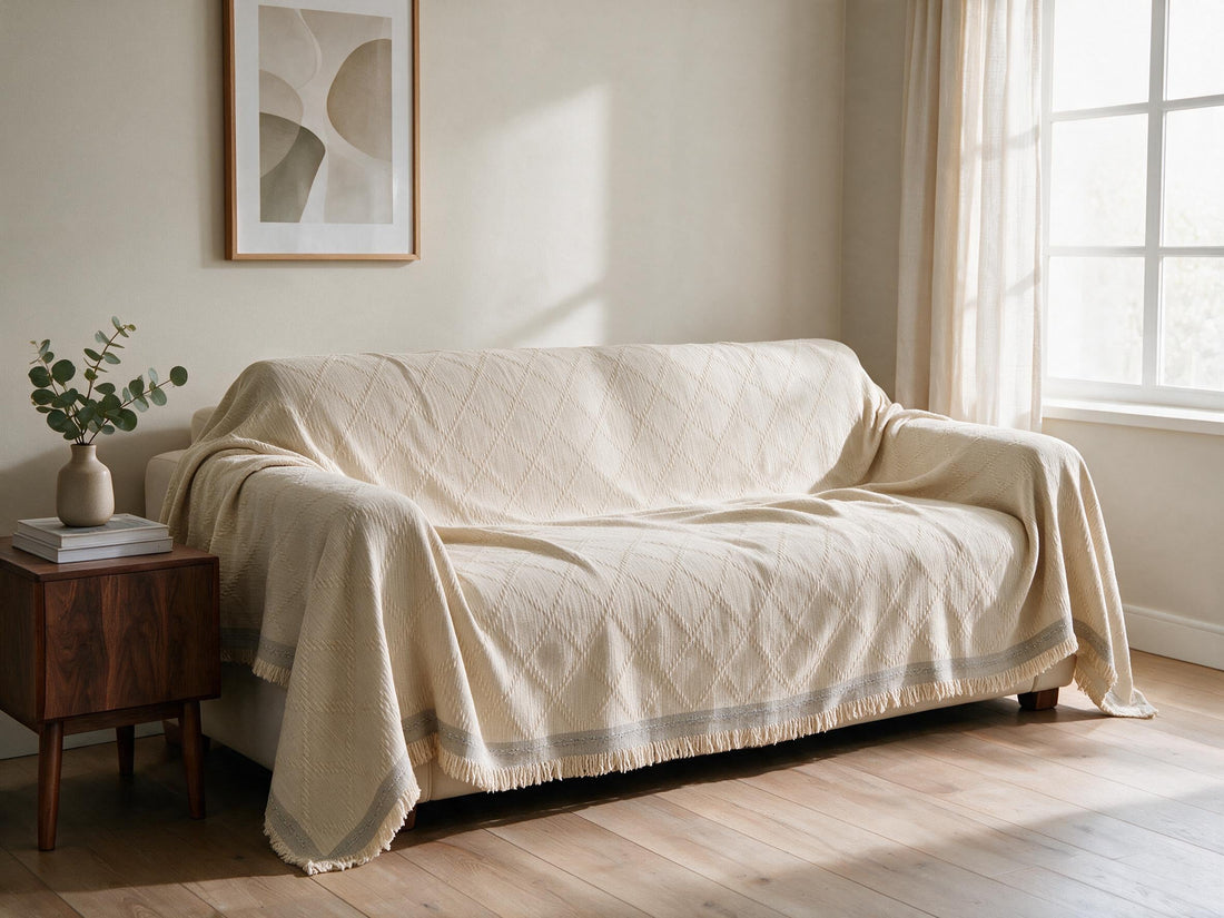 Diamora Cream White throw: draped across a sofa.