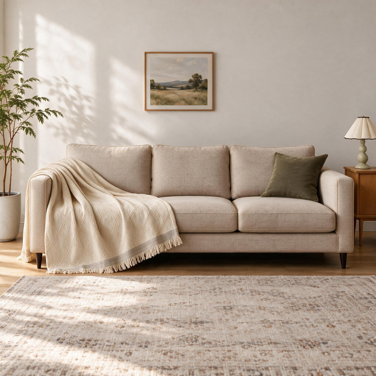 Accent Throw: illustrative throw styling on the same three-seat sofa