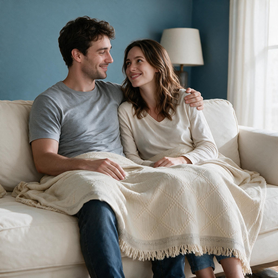 Diamora Cream White throw: shared over a couple’s laps and legs.