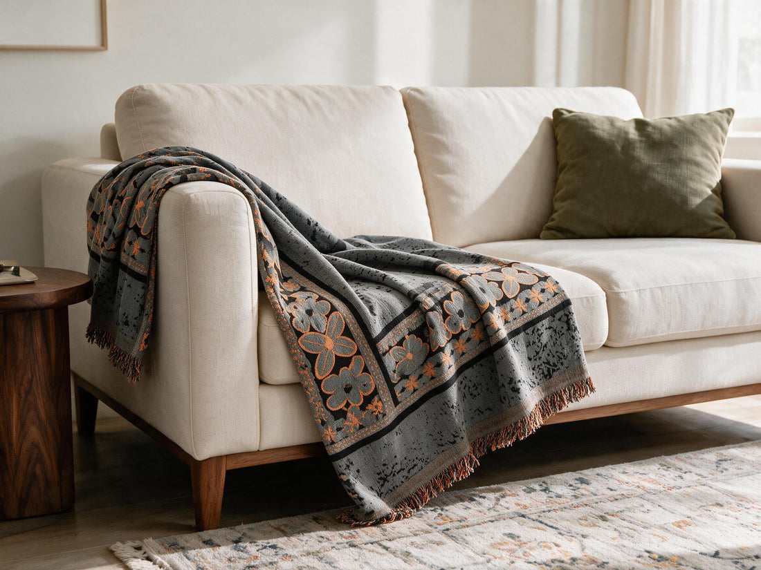 Elaris Cloud Grey throw: decorative sofa-arm drape.