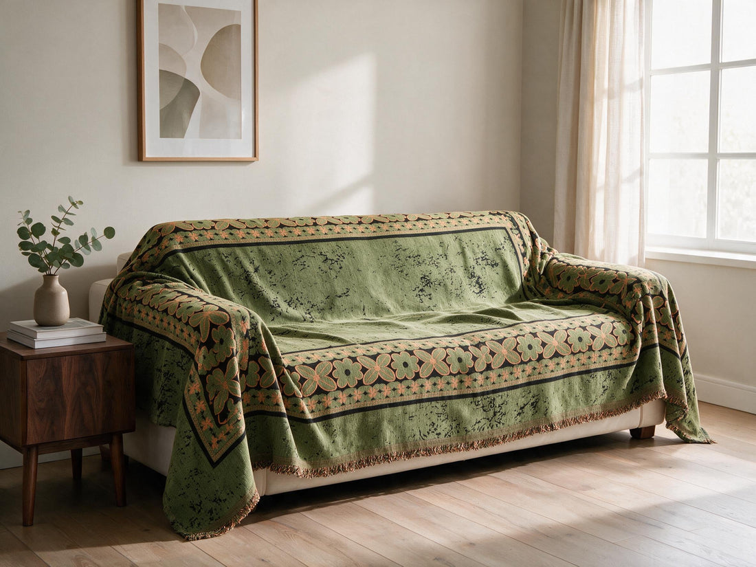 Elaris Olive Green throw: draped across a sofa.