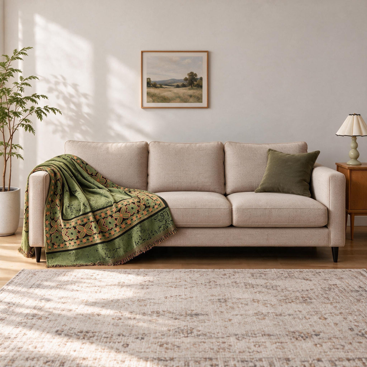 Accent Throw: illustrative throw styling on the same three-seat sofa