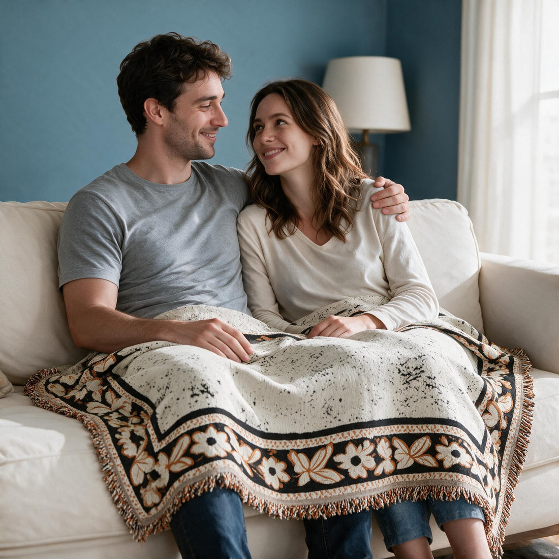 Elaris Cream White throw: shared over a couple’s laps and legs.