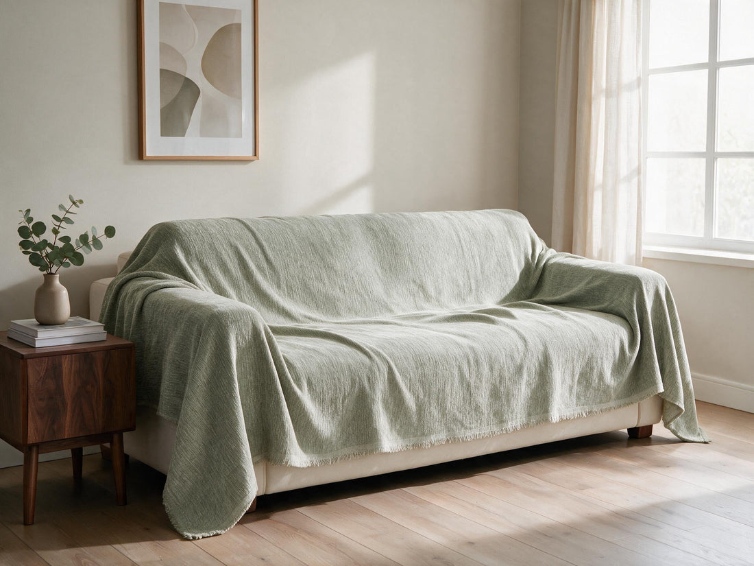 Elligate Sage Green throw: draped across a sofa.